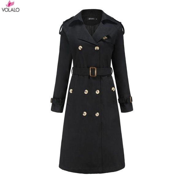 

women's wool & blends double breasted pea coat winter mid-long trench with belt, Black