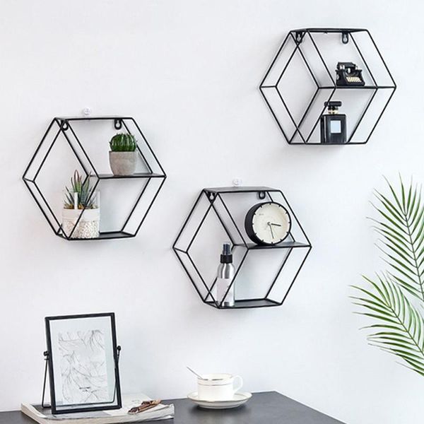 

living room wall shelf home decor geometric figure bedroom hanging nordic restaurant space saving iron hexagonal storage stand other