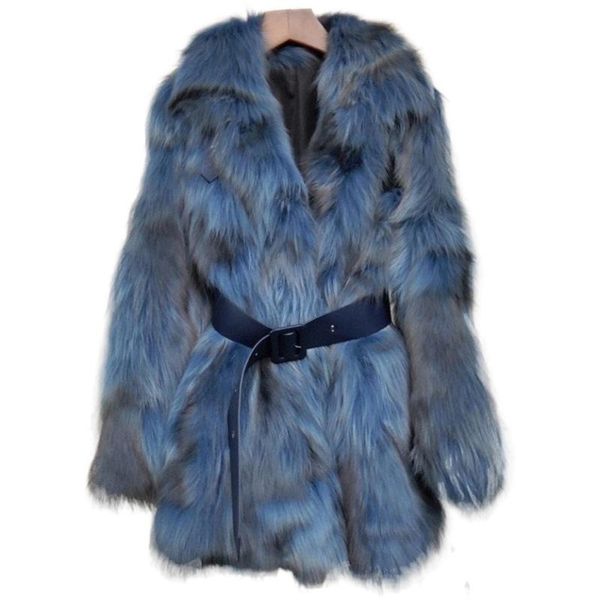

women's fur & faux imported whole skin belly women coat fashion slim female collar denim blue with belt sheath high street jacket, Black