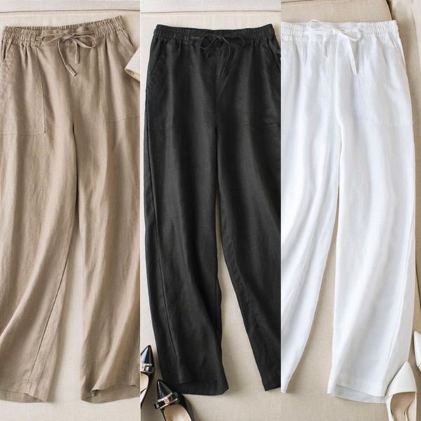 

women's pants & capris summer fashion women japan style color elastic waist drawstring linen wide leg loose pant office lady casual sli, Black;white