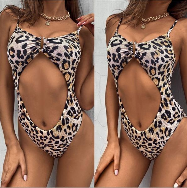 

one-piece suits leopard bikini women's swimsuit hollowed backless sling swimwear push up bodysuit 2021 summer beachwear bathing