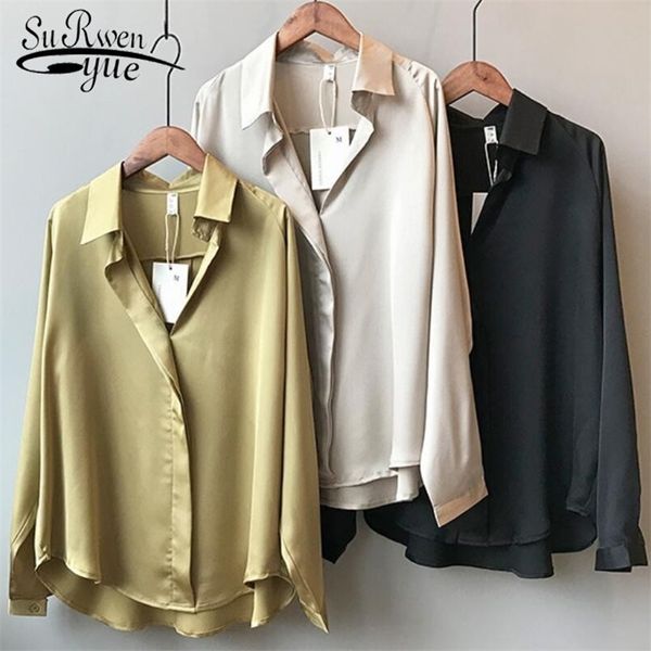 

spring women fashion long sleeves satin blouse vintage femme v neck street shirts elegant imitation silk blouse 5273 50 210412, White