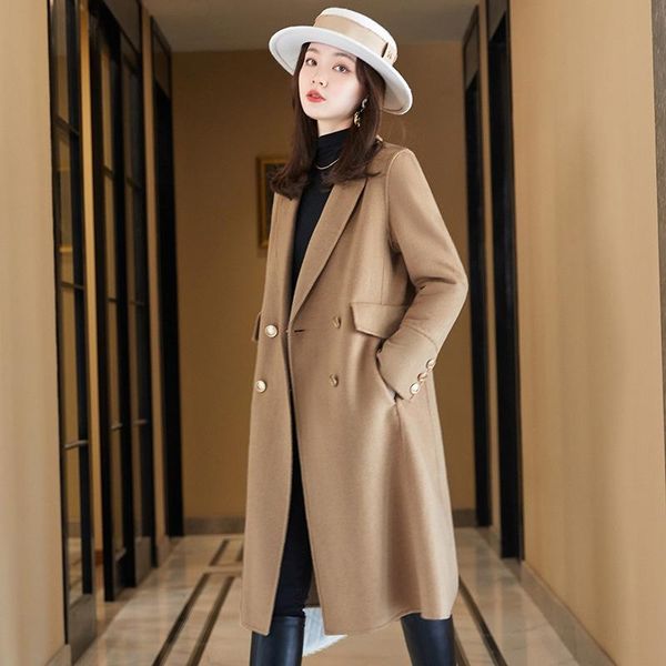 

women's wool & blends 2021 autumn and winter temperament waistless korean medium long lapel solid color slim woolen overcoat women, Black