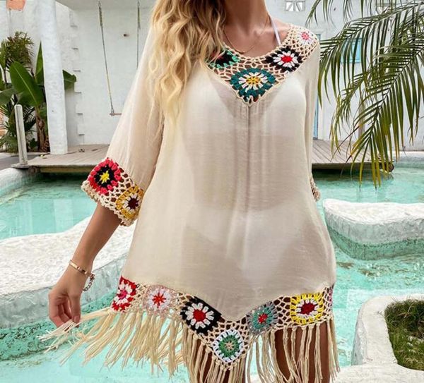 

women's swimwear wholesale 2021 summer boho style dresses beach swimsuit fashion sunscreen knitted hook flower dress, White;black