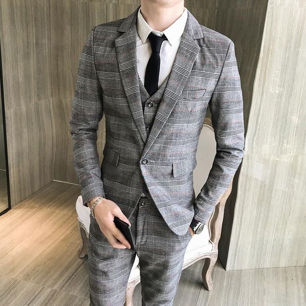 

men's suits & blazers suit 3-piece jacket + vest pants mens wedding men fashion slim check three-piece smart casual, White;black