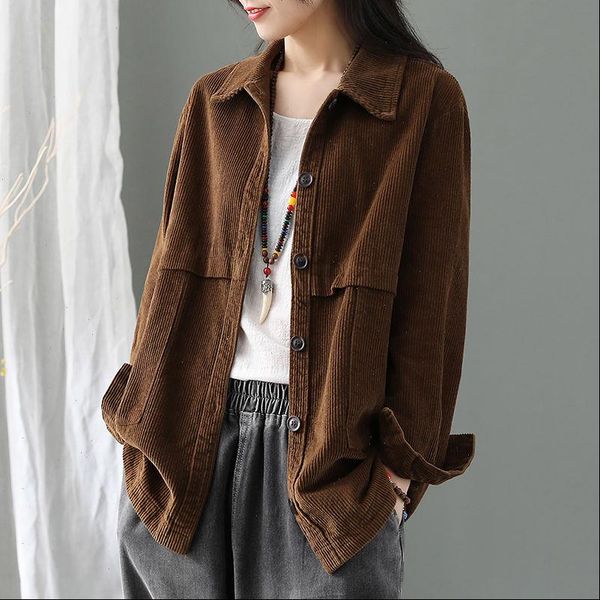 

women shirt spring fashion long sleeve corduroy shirts loose casual turn down collar retro cardigan outwear solid blouse, White
