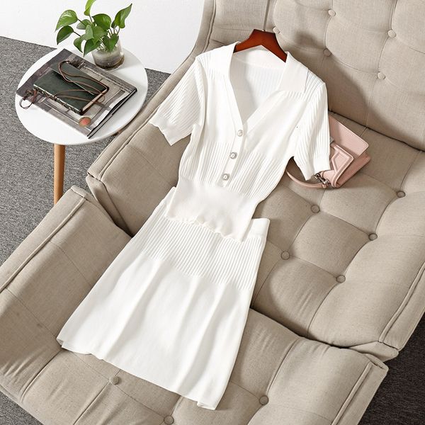 

two piece dress summer short sleeve v neck white / black pure color knitted tee + knee-length skirt 2 s set nj29206205 y8mm