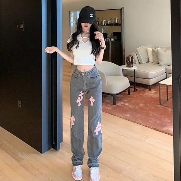 

women's jeans girl straight leg pants women loose large size fat high waist thin wide trousers female retro, Blue
