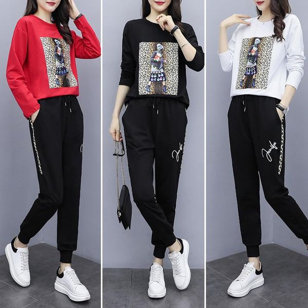 

two piece dress plus size 4xl women's autumn suit leopard beading long sleeve loose t-shirt and pants 2 set female leisure tracksuit, White