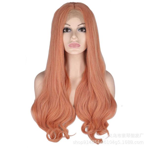 

wig women's fashion pink wave curl front lace chemical fiber headgear, Black