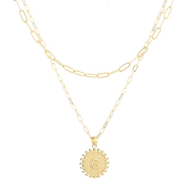 

26 initials round pendant gold paper clip chain fold necklace female, Silver