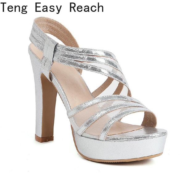 

sandals women platform high chunky heels silver pu casual party office gold wedding summer ankle strap ladies shoes large size, Black