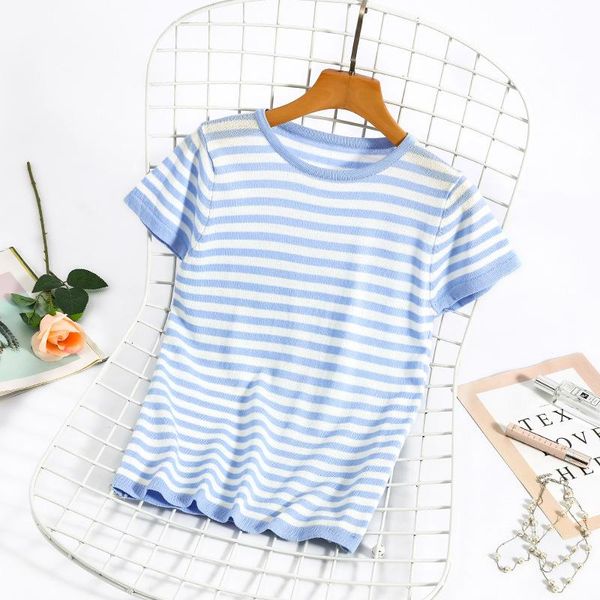 

women's t-shirt short sleeve t shirt women striped tshirt knitted cotton 2021 korean woman clothes tee femme camisetas mujer, White