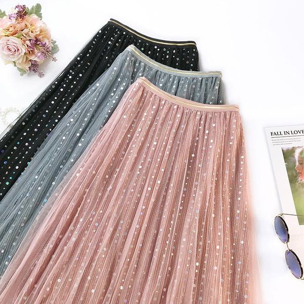 

skirts metallic sequined starry layered mesh patchwork long stretch waist shine stars tulle high low a-line skirt, Black