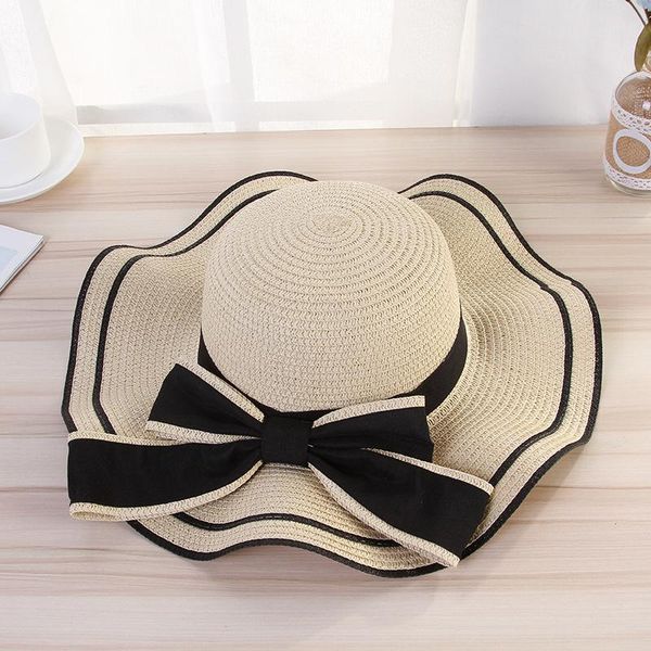 

caps & hats summer big hat with wave edge bow straw women's beach shade, Yellow