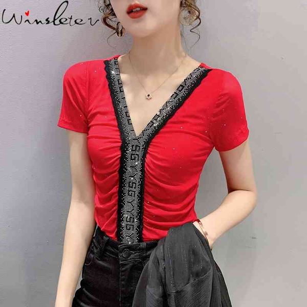 

women's t-shirt summer european clothes mesh chic v-neck shiny letter diamonds chain women bottoming shirt tees t14511a, White