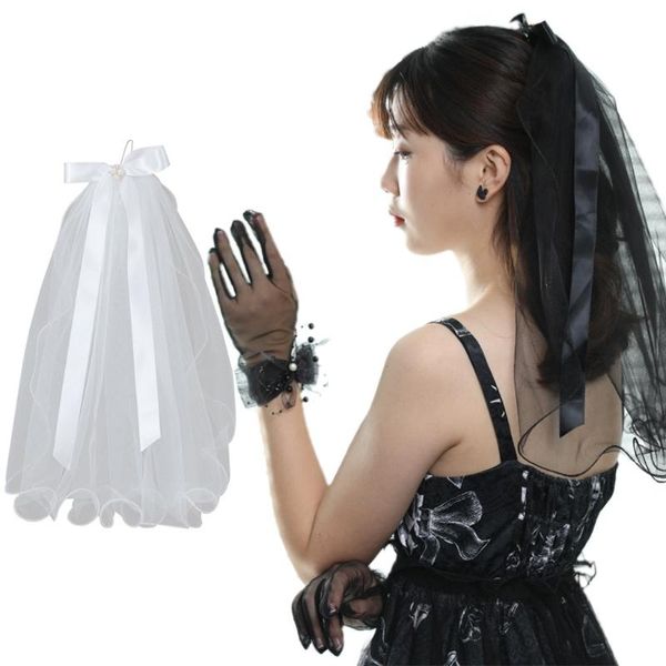 

bridal veils 2021 wedding veil with comb sheer tulle hair accessories for brides 1 tier short length bow adornment white/black