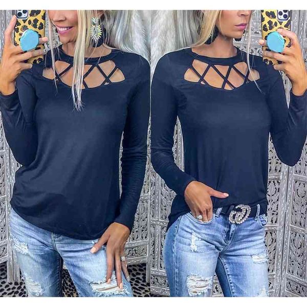 

casual loose t-shirts women fashion o-neck hollow out cross straps long sleeve solid casual tshirts spring autumn pullover 210412, White