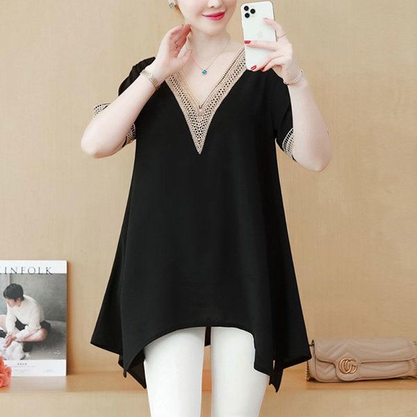 

women's blouses & shirts 2021 blouse summer short sleeve black chiffon shirt v-neck casual personalized hem oversize loose, White
