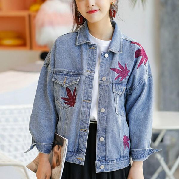

korean print autumn clothes femme denim coat female embroidery vintage casual losse long sleeve jeans jacket women a386 women's jackets, Black;brown