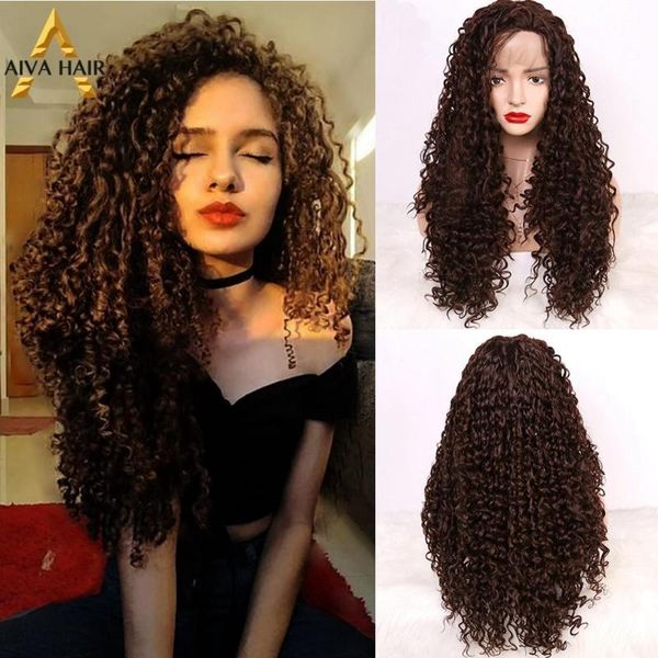 

synthetic wigs aiva hair heat resistant lace front wig ombre red kinky curly black natural hairline cosplay for women