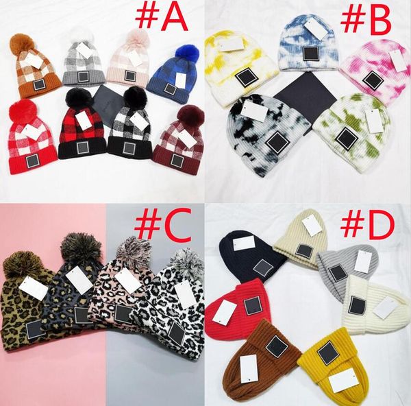 High-end designer marca letra dupla impressão cashmere beanie chapéus moda mulheres leopard impressão crânio tampões tie-tintura cor mista engrossar quente pompom lã girando chapéu