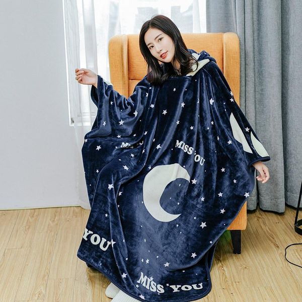 

blankets multi-functional flannel blanket with sleeves solid color can be worn hood warm in autumn and winter pink brown