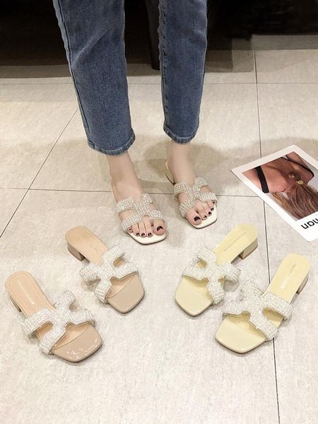 

slippers women's shoes outdoor summer 2021 flash diamond thick heel low heels slides for women, Black