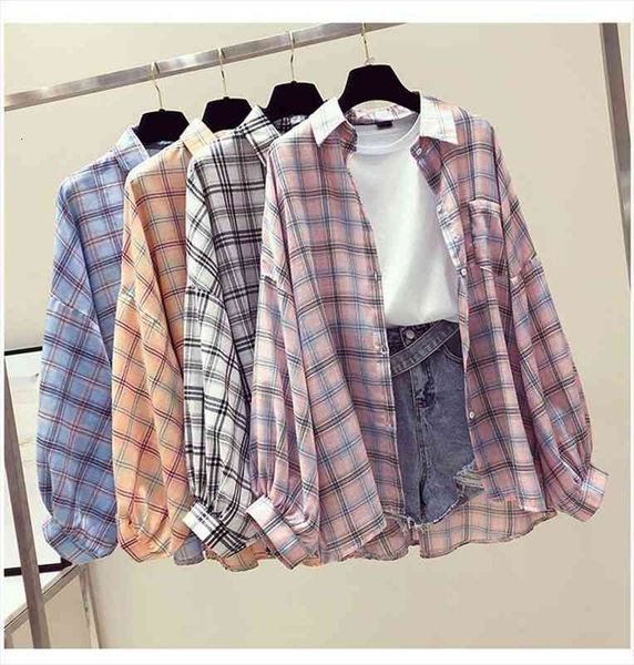 

fashion classic plaid print woman blouses autumn casual loose lapel long sleeve black white shirts female blusas mujer
