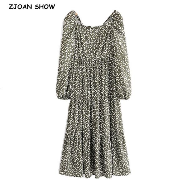 

casual dresses 2021 vintage france style green white dot print women dress spliced pleated long sleeve midi tea slim vestido, Black;gray