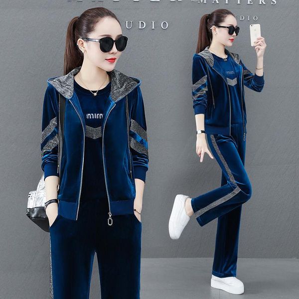 

women's two piece pants 3pcs set women velet sport tracksuit zipper hoodies sweatshirt jogger sportswear ladies sweat autumn spring str, White