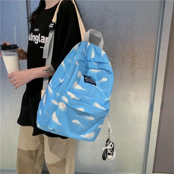 

backpack oxford large-capacity blue sky white clouds students campus junior high school student schoolbag female