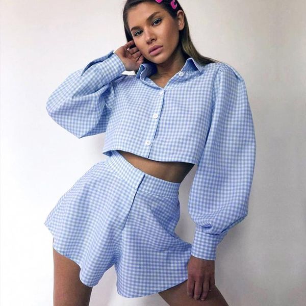 

women's tracksuits cotton autumn spring short set women 2021 ol plaid brown long sleeve loose shirt elastc waist shorts two pieces sets, Gray