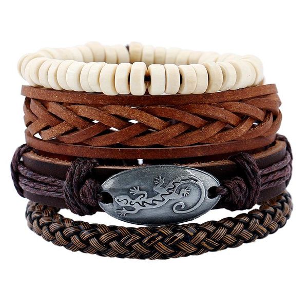 

charm bracelets diy jewelry bracelet 4pcs/set gecko braided woven leather bangle man vintage fashion multiple layer wood beads, Golden;silver