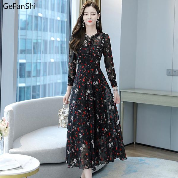 

casual dresses 2021 spring autumn women long sleeve flower print chiffon dress fashion elegant slim office lady robe, Black;gray