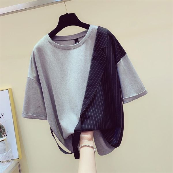 

summer women's o neck short sleeves t-shirt stripe patchwork tee girls pullover casual tees a2617 210519, White