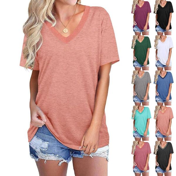 

women's t-shirt casual short sleeve t-shirts solid basic tunic loose v-neck tees 2021, White