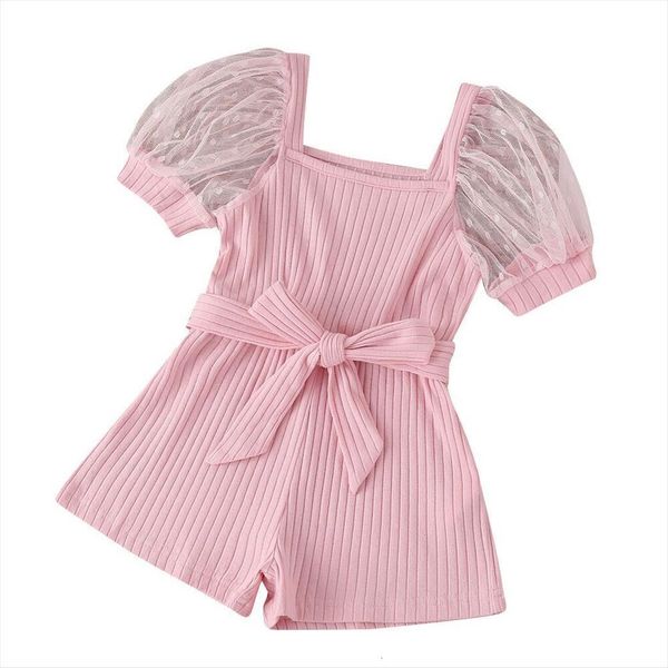 

2 6years children solid color ribbed romper, girls short puff sleeve square collar jumpsuit with waistband, Blue