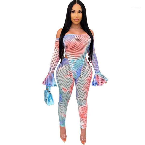 

two piece dress hollow out mesh outfit tie dye nightclub set clothes women flare sleeve slash neck sheath pants tracksuit1, White