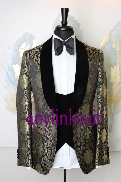 Высокое качество One Button Button Black с золотым узором Groom Tuxedos Shawle отворот свадьба / выпускной / ужин жениха мужские костюмы Blazer (куртка + брюки + жилет + галстук) W1379