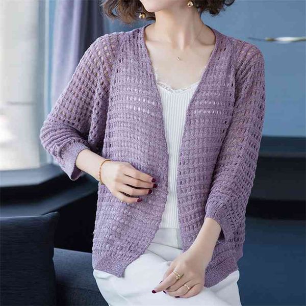 

summer solid color hollow out knitted cardiga women korean style three quarter sleeve large size loose short coat female 210522, White