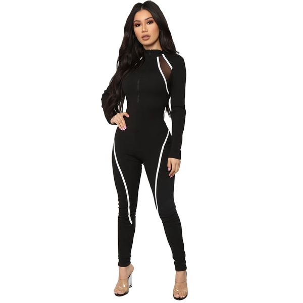 

women fashion front zipper striped patchwork body mujer manga larga ladies casual sport jumpsuit fitness sporty rompers 210414, Black;white