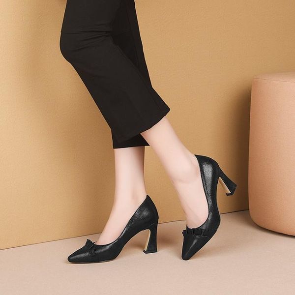 

dress shoes pxelena elegant office lady pumps genuine leather embossed sheepskin slip on women strange high heel ruffles 34-43, Black