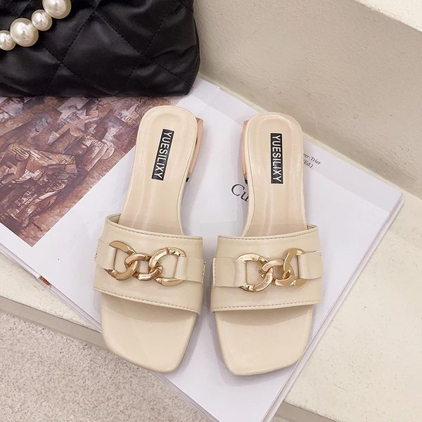 

summer women slippers fashion square toe sandals metal chain decoration flats casual slides ladies luxury sexy, Black