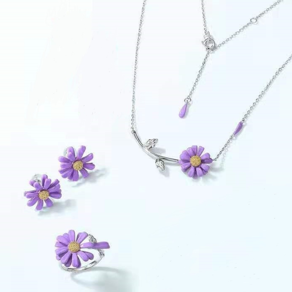 

earrings & necklace the model introduces enamel-drop oil petal rotation ring three-piece set, Silver