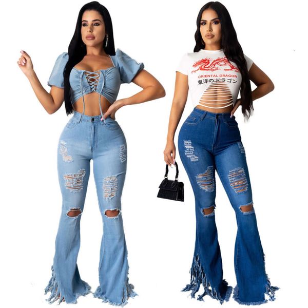 

q002 women's wear pierced fringe flared jeans, Black;white