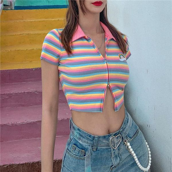 

women's t-shirt 2021 wear same stripe lapel zipper cardigan open navel for women, White