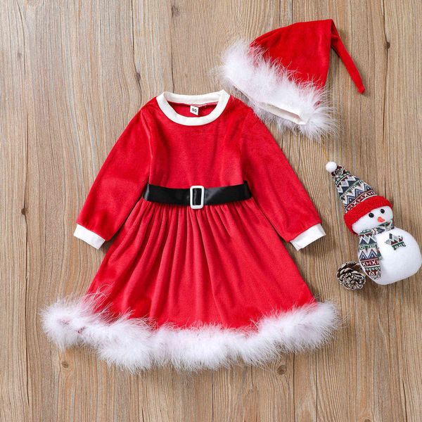 Weihnachten 2021 2Pcs Neue Baby Mädchen Kleid + Hut Langarm Rundhals Gürtel Dekoration Plüsch Flauschige Kleidung Rot 1-6 jahre G1026