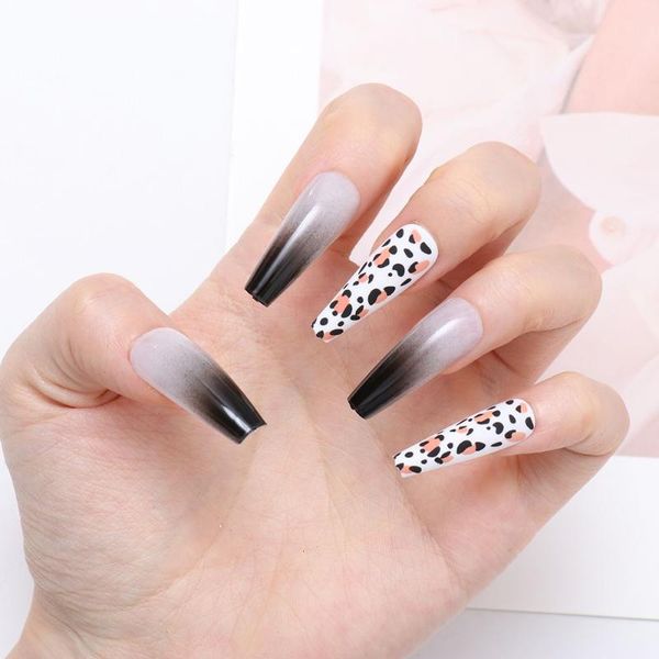 

false nails 24 pcs frosted long design ballet coffin fake matte leopard nail artificial plastic press on tips, Red;gold