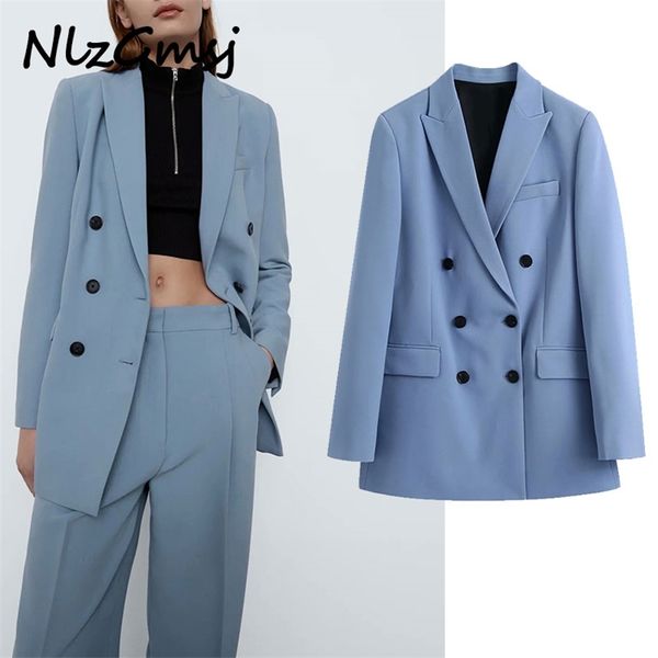 

blazer women fashion blue coat vintage double breasted long sleeve female outerwear chic 210628, White;black